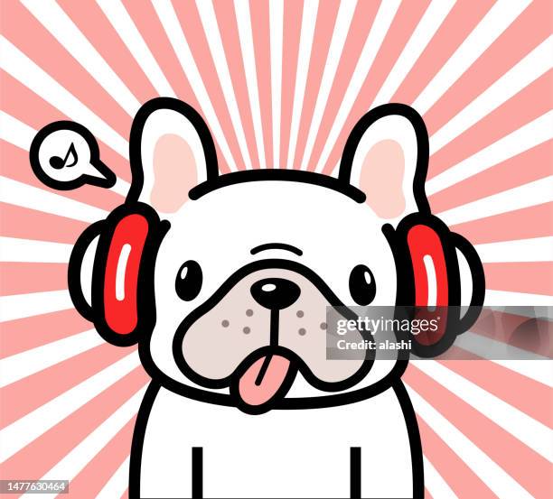 ilustrações, clipart, desenhos animados e ícones de design de personagem bonito de um buldogue francês usando fones de ouvido - dog dj