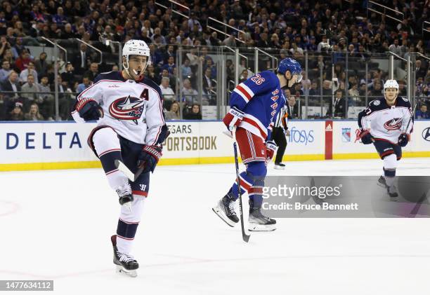Johnny Gaudreau of the Columbus Blue Jackets celebrates his first period goal against the New York Rangers at Madison Square Garden on March 28, 2023...