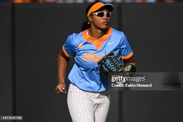 Kiki Milloy of the Tennessee Lady Vols stands in the outfield against the Alabama Crimson Tide in the second inning at Sherri Parker Lee Stadium on...