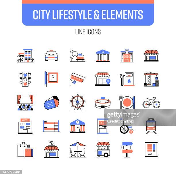 city elements line icon set. stadtleben, park, museum, krankenhaus, kino, u-bahn - metro mall stock-grafiken, -clipart, -cartoons und -symbole