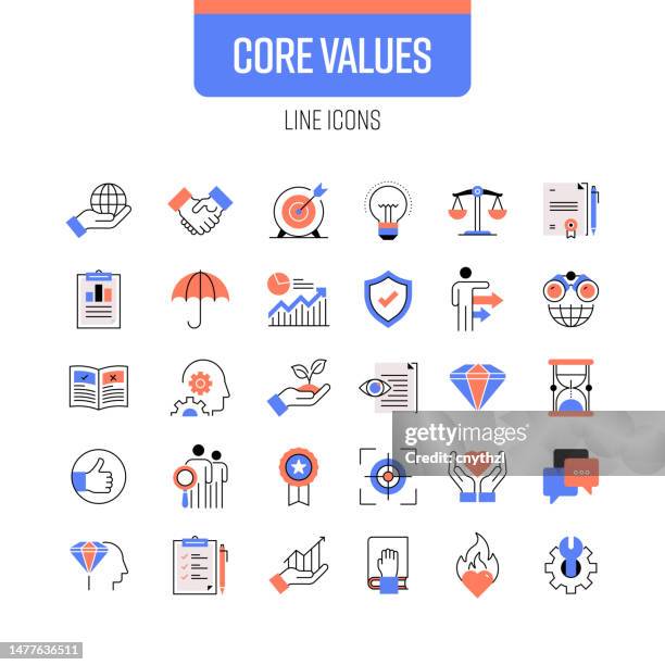 kernwerte liniensymbolsatz. vertrauen, ehrlichkeit, verantwortung, qualität - hartnäckigkeit stock-grafiken, -clipart, -cartoons und -symbole