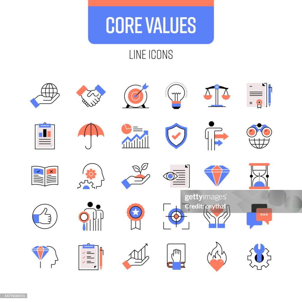 Core Values Line Icon Set. Trust, Honesty, Responsibility, Quality