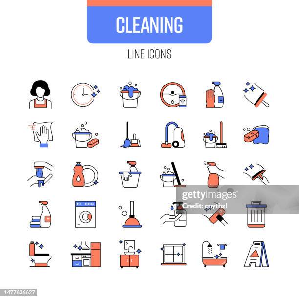 säuberungslinien-symbolsatz. reiniger, wischen, waschen, hygiene - zimmermädchen stock-grafiken, -clipart, -cartoons und -symbole