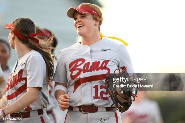 Emma Broadfoot of the Alabama Crimson Tide celebrates their win over the Tennessee Lady Vols at Sherri Parker Lee Stadium on March 25, 2023 in...