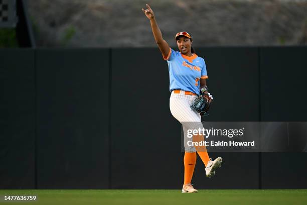 Kiki Milloy of the Tennessee Lady Vols stands in the outfield against the Alabama Crimson Tide in the seventh inning at Sherri Parker Lee Stadium on...