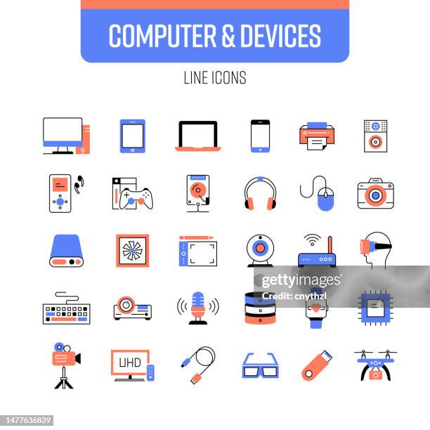 computer and devices line icon set. laptop, tablet pc, speaker, camera, drone - bandwidth icon stock illustrations