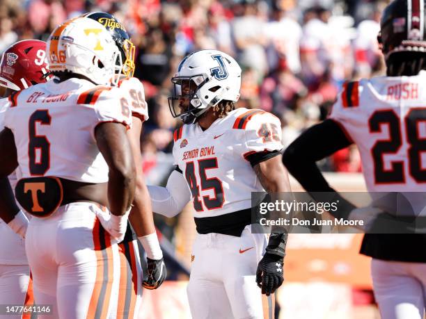 Linebackers Aubrey Miller Jr. #45 of Jackson State Tigers from the American Team during the 2023 Resse's Senior Bowl at Hancock Whitney Stadium on...