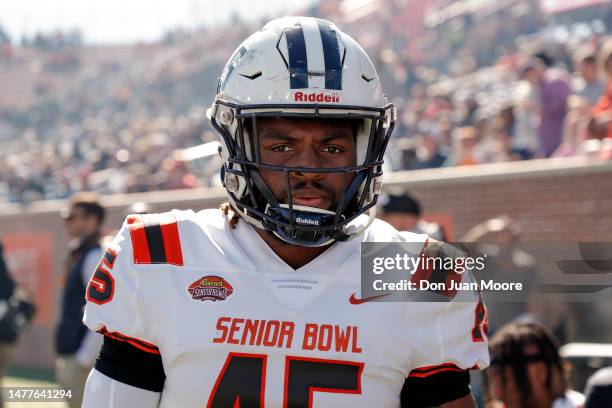 Linebackers Aubrey Miller Jr. #45 of Jackson State Tigers from the American Team on the sidelines during the 2023 Resse's Senior Bowl at Hancock...