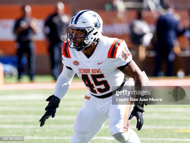 Linebacker Aubrey Miller Jr. #45 of Jackson State Tigers from the American Team during the 2023 Resse's Senior Bowl at Hancock Whitney Stadium on the...