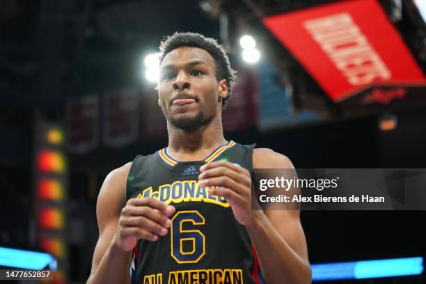 Bronny James of the West team looks on during the 2023 McDonald's High School Boys All-American Game at Toyota Center on March 28, 2023 in Houston,...