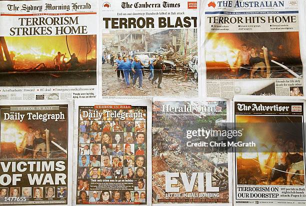 Composite image showing Australian newspaper frontpage headlines of the terrorist bombing attcks in Bali, taken in Sydney, Australia on October 16,...