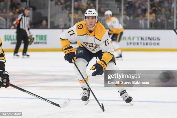 Mark Jankowski of the Nashville Predators skates against the Boston Bruins at the TD Garden on March 28, 2023 in Boston, Massachusetts.