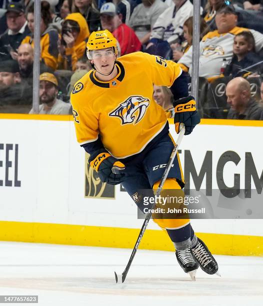 Cal Foote of the Nashville Predators skates against the Toronto Maple Leafs during an NHL game at Bridgestone Arena on March 26, 2023 in Nashville,...