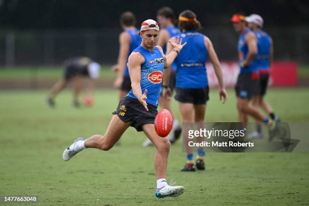 Jeremy Sharp of the Gold Coast Suns during a Gold Coast Suns training session at Heritage Bank Stadium on March 29, 2023 in Gold Coast, Australia.