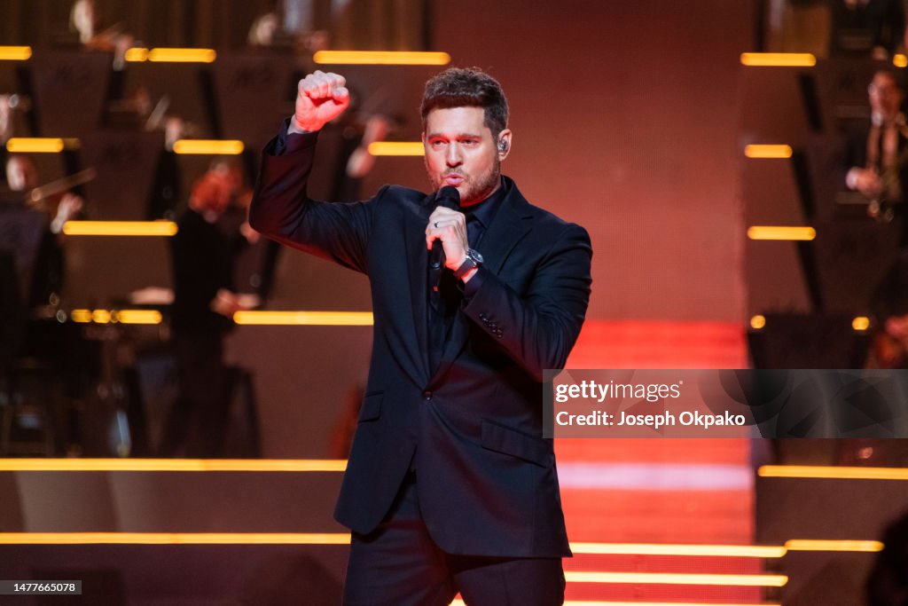 Michael Bublé performs at The O2 Arena on March 26, 2023 in London ...