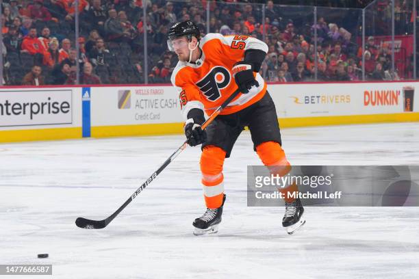 Rasmus Ristolainen of the Philadelphia Flyers passes the puck against the Montreal Canadiens at the Wells Fargo Center on March 28, 2023 in...