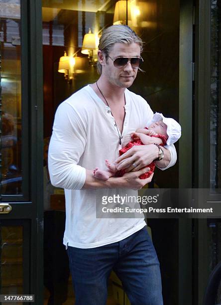 Chris Hemsworth and his daughter India Rose Hemsworth are seen on July 2, 2012 in Madrid, Spain.