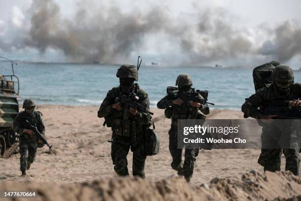 South Korean and US marines participate a joint amphibious exercise called ‘Ssang Yong 2023 Exercise’ in Pohang, South Korea on March 29, 2023. South...