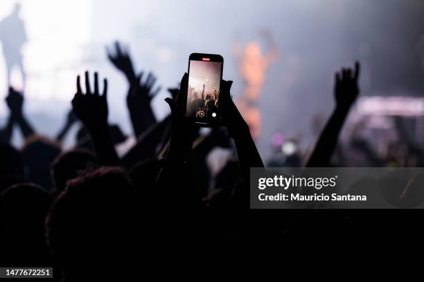 View of cell phones seen in the crowd during the Tove Lo concert on stage at Audio Club on March 28, 2023 in Sao Paulo, Brazil.