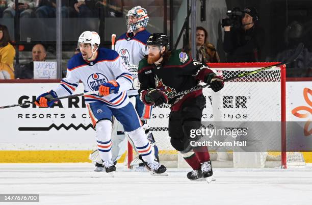 Liam O'Brien of the Arizona Coyotes skates up ice against the Edmonton Oilers at Mullett Arena on March 27, 2023 in Tempe, Arizona.