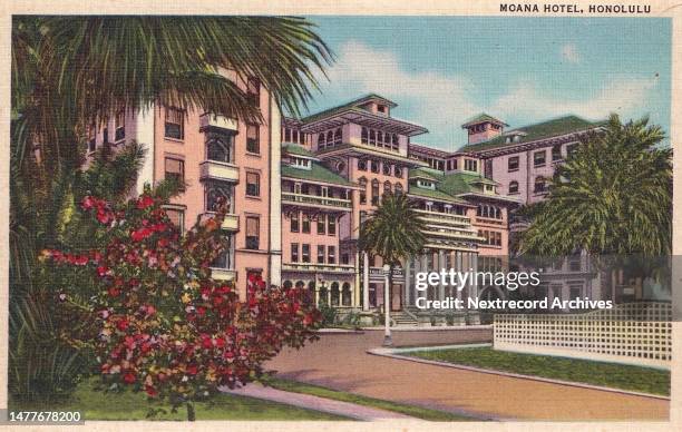 Vintage color historic souvenir photo postcard published in 1935 as part of a series titled, 'Aloha Hawaiian Islands,' depicting the tropical...