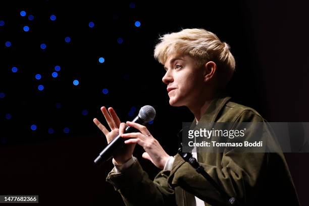 Mae Martin speaks onstage during Laugh Out Loud with Mae Martin and Friends hosted by Netflix at TUDUM Theater on March 28, 2023 in Hollywood,...