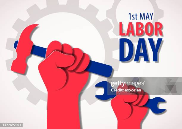 stockillustraties, clipart, cartoons en iconen met hands holding hammer and wrench - may day international workers day