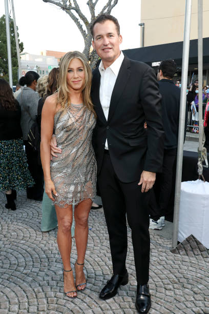 Jennifer Aniston and Head of Global Film at Netflix Scott Stuber attend the Netflix Premiere of Murder Mystery 2 on March 28, 2023 in Los Angeles,...