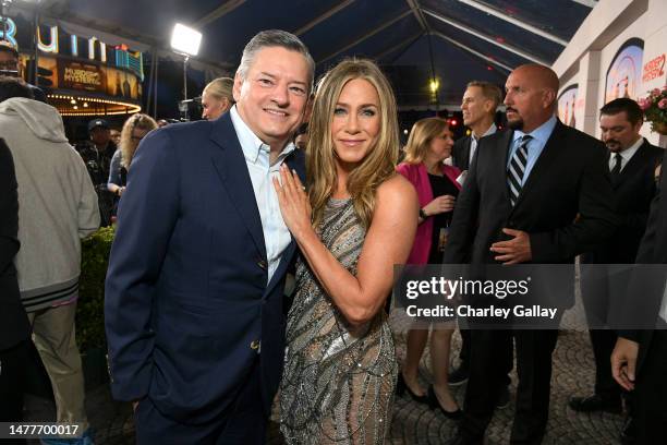 Co-CEO and Chief Content Officer at Netflix Ted Sarandos and Jennifer Aniston attend the Netflix Premiere of Murder Mystery 2 on March 28, 2023 in...
