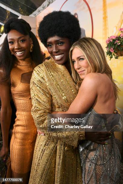 Zurin Villanueva, Jodie Turner-Smith, and Jennifer Aniston attend the Netflix Premiere of Murder Mystery 2 on March 28, 2023 in Los Angeles,...