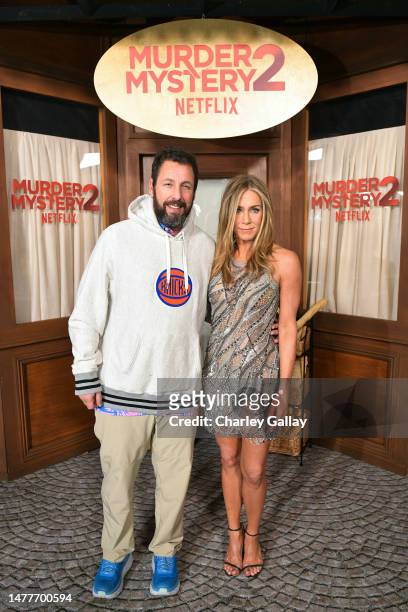Adam Sandler and Jennifer Aniston attend the Netflix Premiere of Murder Mystery 2 on March 28, 2023 in Los Angeles, California.