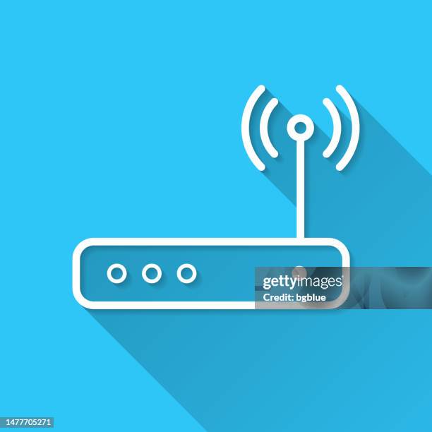 wlan-router. symbol auf blauem hintergrund - flaches design mit langem schatten - modem stock-grafiken, -clipart, -cartoons und -symbole