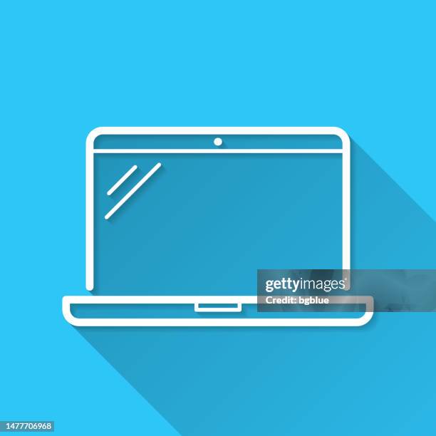 laptop. icon on blue background - flat design with long shadow - open work space stock illustrations