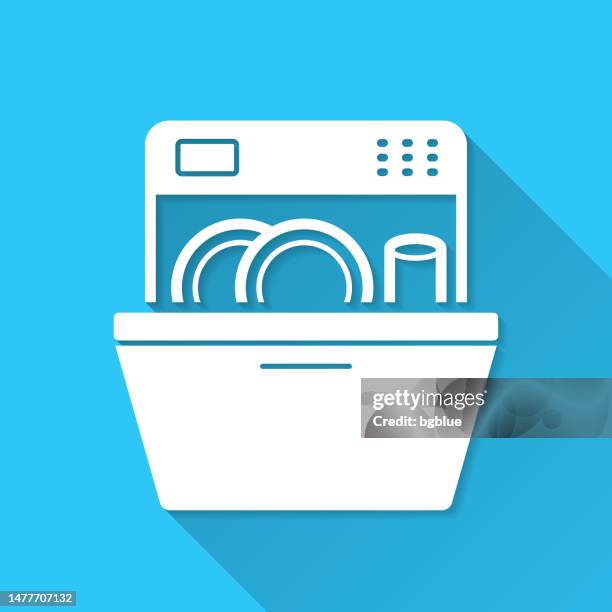 dishwasher. icon on blue background - flat design with long shadow - dish washing machine stock illustrations