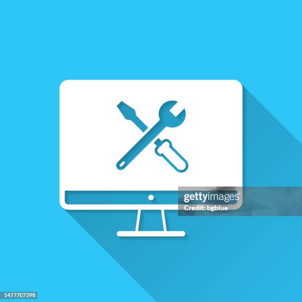 desktop computer settings - tools. icon on blue background - flat design with long shadow - 3d spanner stock illustrations