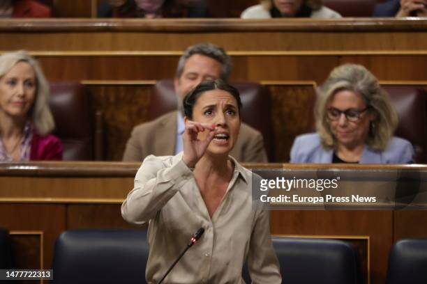 The Minister of Equality, Irene Montero, speaks during a plenary session, at the Congress of Deputies, on 29 March, 2023 in Madrid, Spain. The...