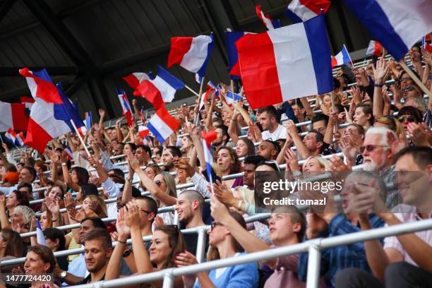 spectators on a stadium with france playing - french flag stock pictures, royalty-free photos & images