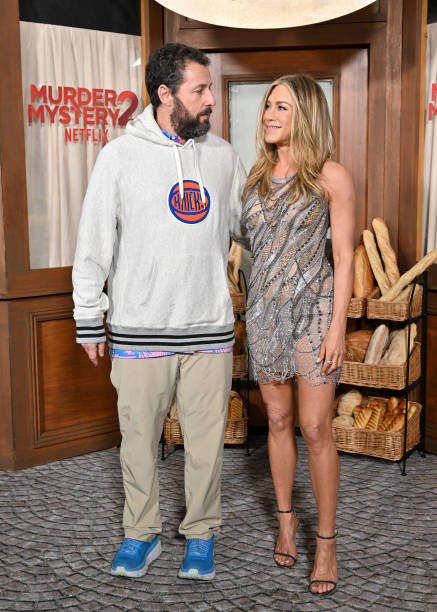 Jennifer Aniston and Adam Sandler attend the Los Angeles Premiere of Netflix's "Murder Mystery 2" at Regency Village Theatre on March 28, 2023 in Los...