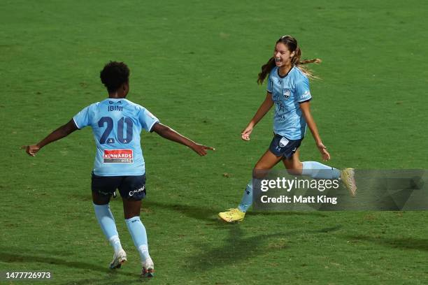 Indiana Dos Santos of Sydney FC celebrates with team mates after scoring a goal during the round 11 A-League Women's match between Sydney FC and...