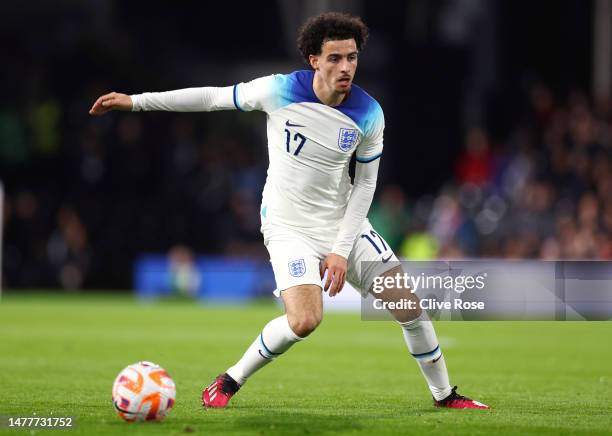 Curtis Jones of England runs with the ball during the International Friendly match between England U21s and Croatia U21s at Craven Cottage on March...