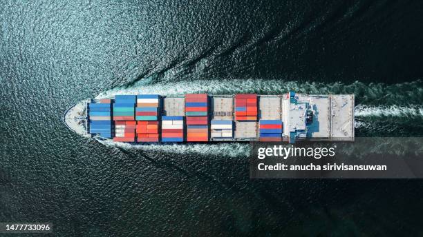 aerial top view container ship park for import export logistics in pier, thailand. - ship stock pictures, royalty-free photos & images