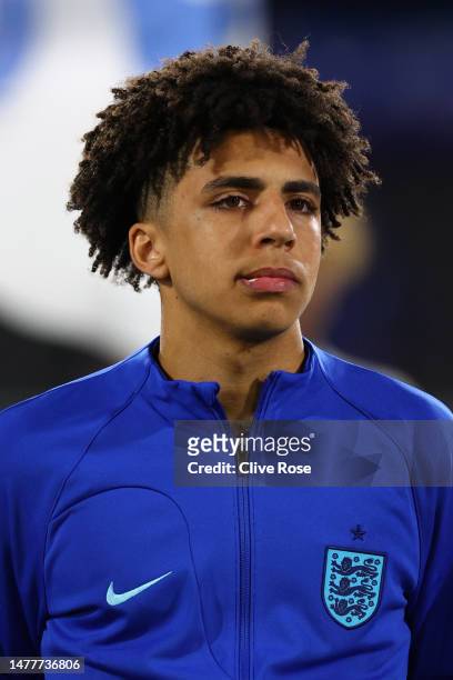 Rico Lewis of England looks on prior to the International Friendly match between England U21s and Croatia U21s at Craven Cottage on March 28, 2023 in...