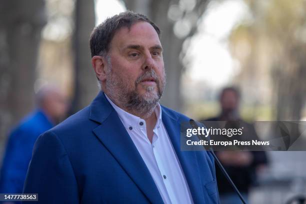 President Oriol Junqueras offers statements to the media upon his arrival to a trial of the minister of Foreign Action and European Union of the...