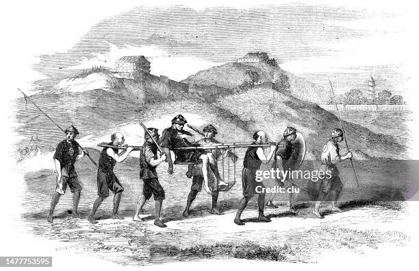 chinese mood of carrying a wounded man - wounded stock illustrations