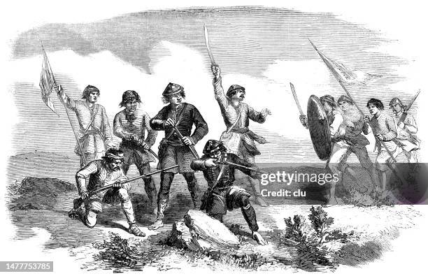 group of chinese rebels holding rifles, swords and flags - rebel stock illustrations