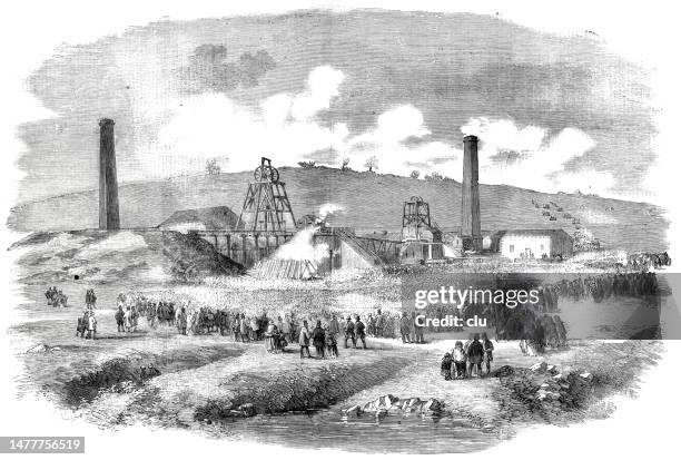 zeche lundhill, barnsley, schauplatz der jüngsten explosion, 1857 - kohlengrube stock-grafiken, -clipart, -cartoons und -symbole