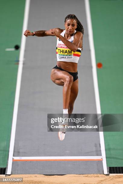 Nafissatou Thiam of Belgium competes during the long jump women pentathlon during Day 1 of the European Athletics Indoor Championships at the Atakoy...