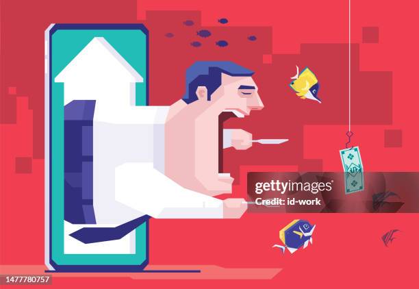 businessman holding fork and knife and leaving arrow sign doorway on smartphone and chasing banknote - man ready to eat stock illustrations