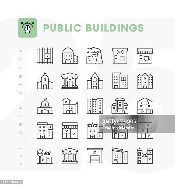 public buildings line icon set. editable stroke. pixel perfect. - hospital window stock illustrations