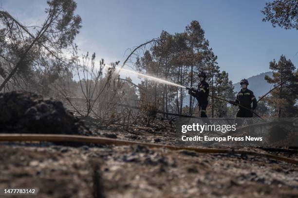 Forestry brigade personnel pour water with a hose during work on the Villanueva de Viver fire, on 29 March, 2023 in Villanueva de Viver, Castellon de...